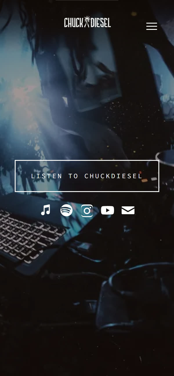 The ChuckDiesel Productions website on a phone, with a listen button and links to his music and social pages