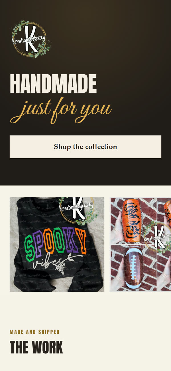 Kelsey&rsquo;s shop website on a phone, showing her handmade shirts and tumblers