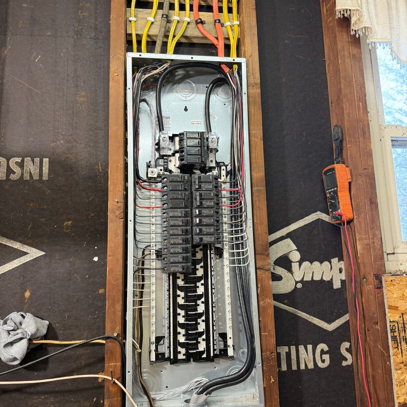 A new electrical breaker panel mounted between wall studs with its wiring connected